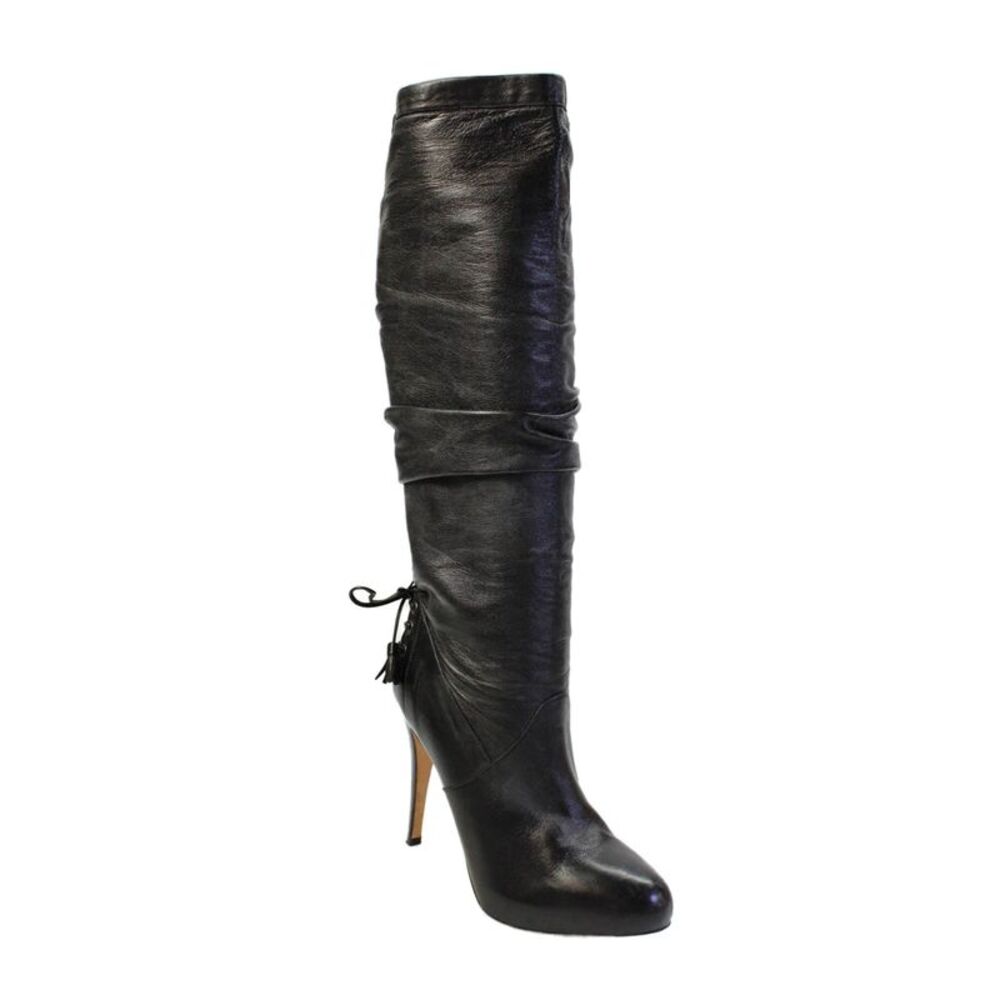 Brian Atwood Womens Leather Lace Up Platform Knee High Boots Black Size 7.5